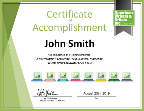 Sample Certificate of Completion for AWAI Verified™ Badges