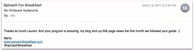 email tesimonial for Pinterest Traffic Avalanche Course for Beginner Bloggers