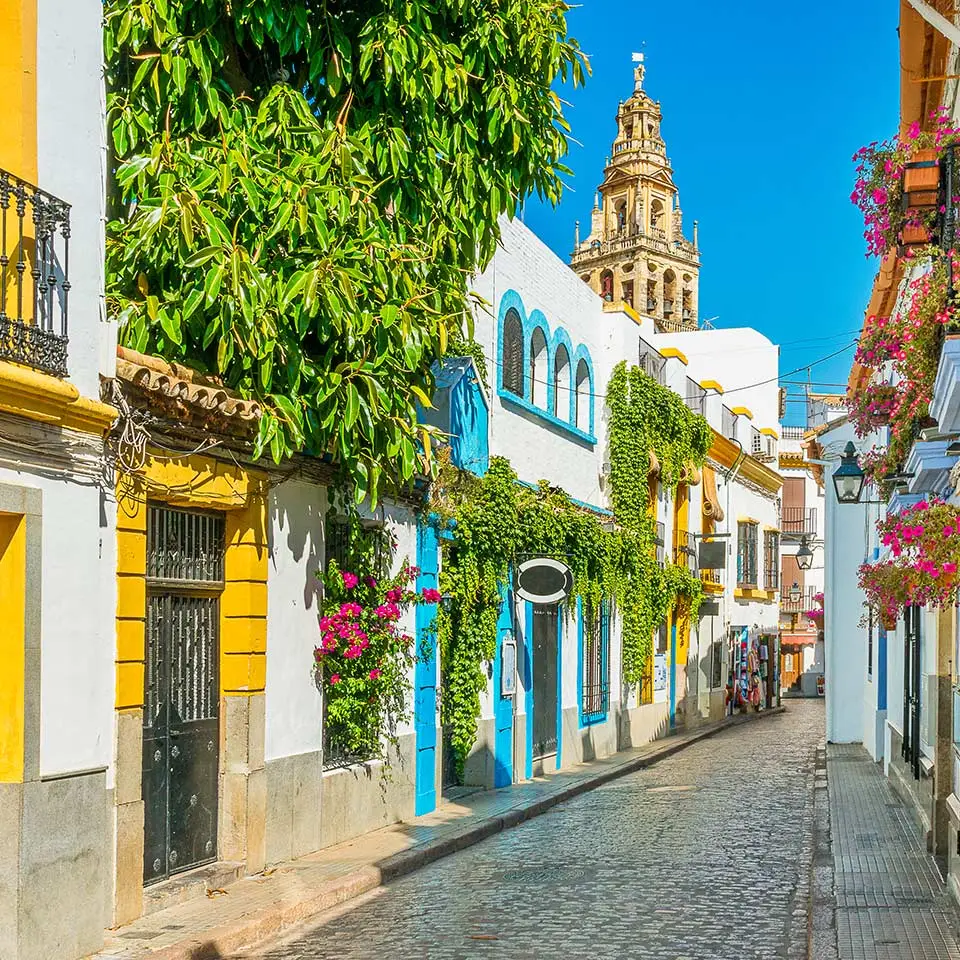 Scenic sight in the picturesque Cordoba jewish quarter with the bell tower of the Mosque Cathedral. Andalusia, Spain